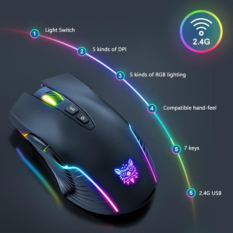 ONIKUMA Wireless 2.4G USB Game Mouse RGB Golwing 3000 DPI Gaming Mice Large Capacity Battery Mouse For Game Office Comfortable Hand-Feeling