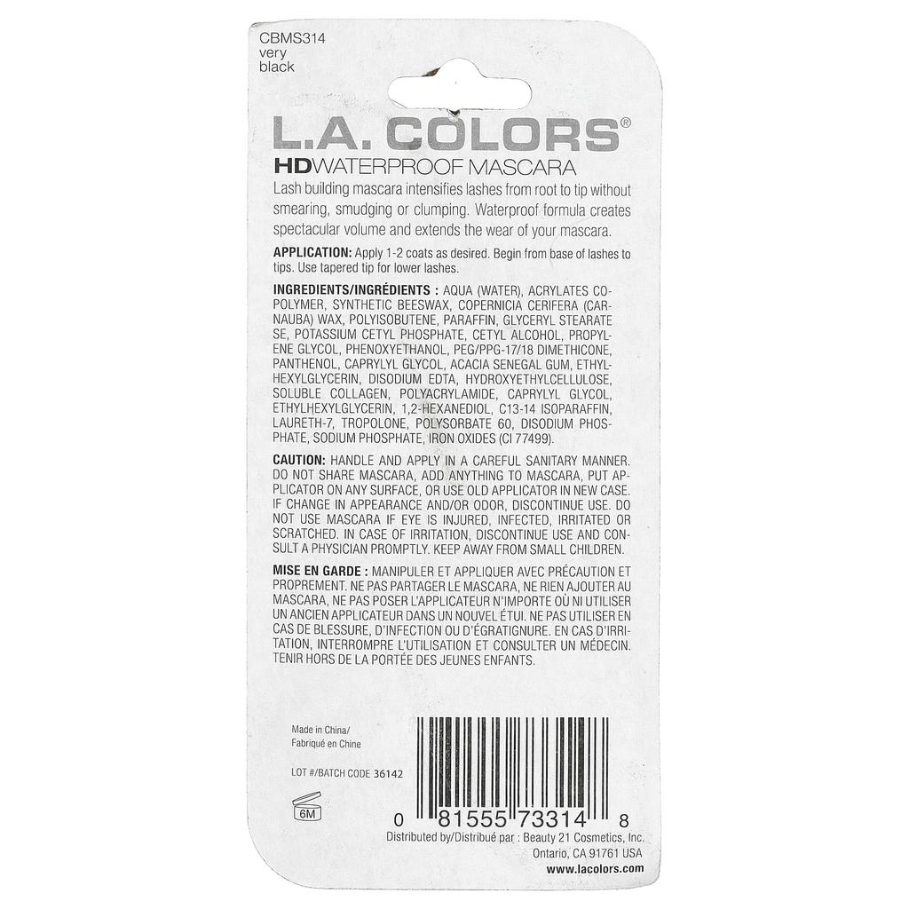 L.A. Colors HD Waterproof Mascara, CBMS314 Very Black, 13ml (0.43fl Oz)
