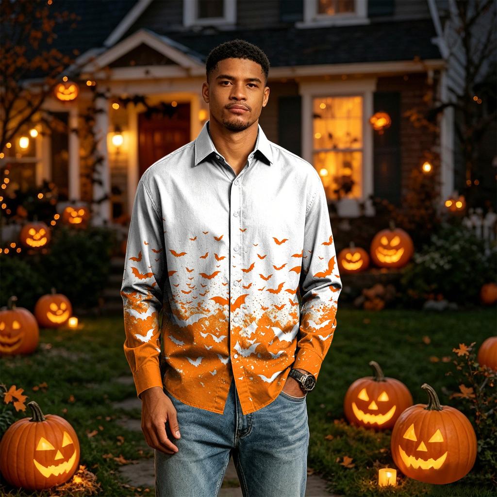 Men's Long Sleeve Button Down Halloween Print Shirt for Party Costume
