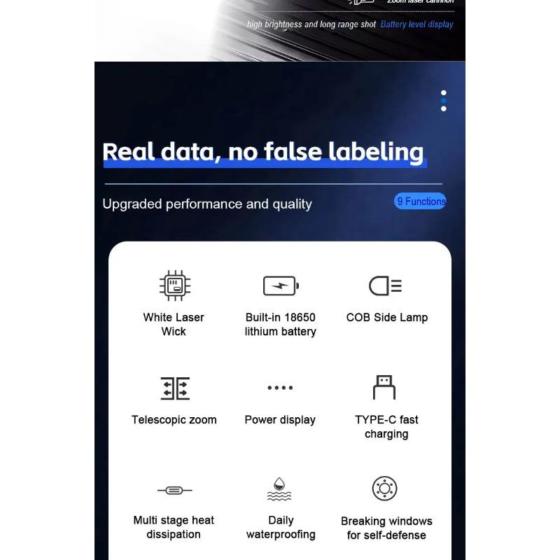 Lanternă LED Reîncărcabilă de Mare Putere cu Lumină Laterală, Lumină Tip Torță Pentru Camping în Aer Liber, Lumină de Drumeție, Lumină Intermitentă Puternică