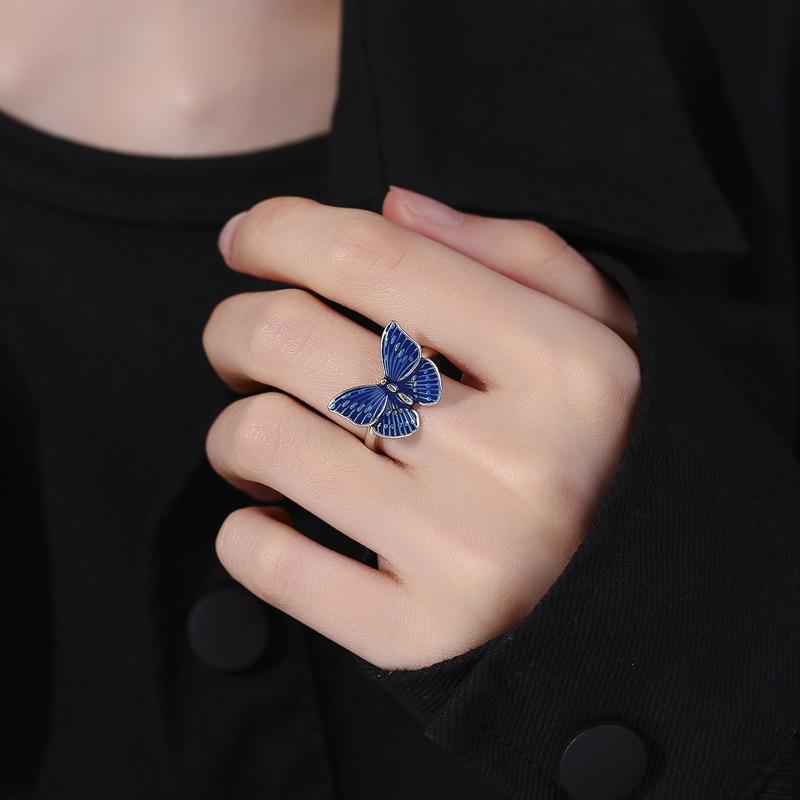 Blue Enamel Butterfly Ring Female Titanium Steel Design Sense Fashion Open Adjustable Creative Finger Ring