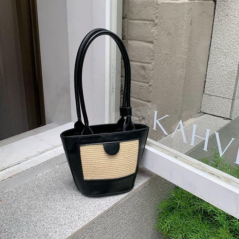 Trendy Straw Handbag Women's Woven Beach Bag Casual Snap Button Satchel Bag Small Braided Shoulder Bag For Travel