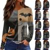 Women's Casual Long Sleeve Top Halloween Print Round Neck Split Hem Pullover Shirt Lightweight Comfortable Fit