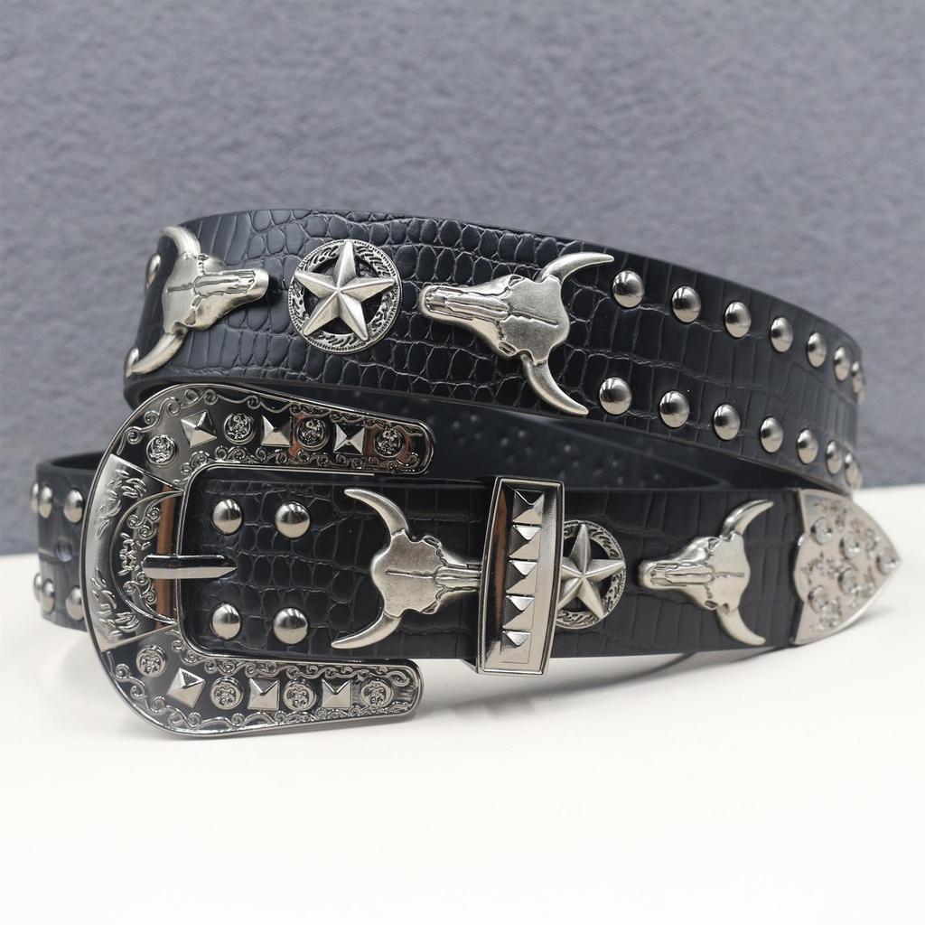 Crocodile Pattern Western Riveted Bull Head Leather Belt - Punk Y2K Unisex