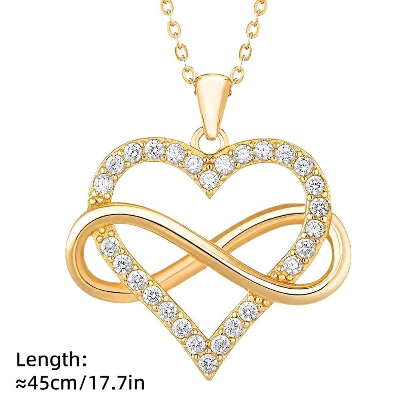 Zircon Heart Pendant Necklace with Smooth Figure-Eight Form, Polished Alloy Construction Neckchain, and Electroplated Finish