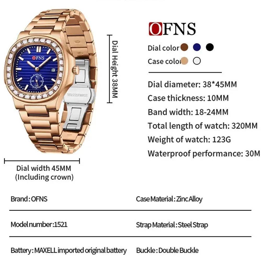 Women's Quartz Luxury Watch Fashion Square Waterproof Calendar Stainless Steel Strap Watch