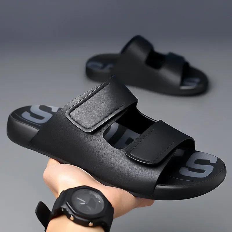 Summer Fashion Leather Slippers for Men Outdoor Beach Men's Sandals Designer New Hollow Soft Soled Slip-on Flip Flops Shoes Male