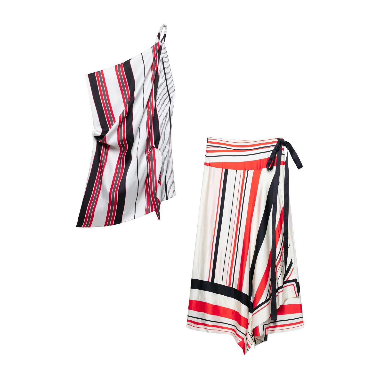 

2025 Spring Women s Striped Asymmetrical Top & Midi Skirt Set XS