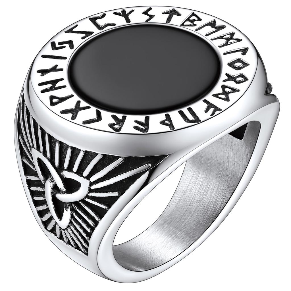 Big Signet Rings for Man Norse Viking Runes Valknut Wolf Head Triquetra Onyx Agate Size 7-14 Jewelry Gift for Him
