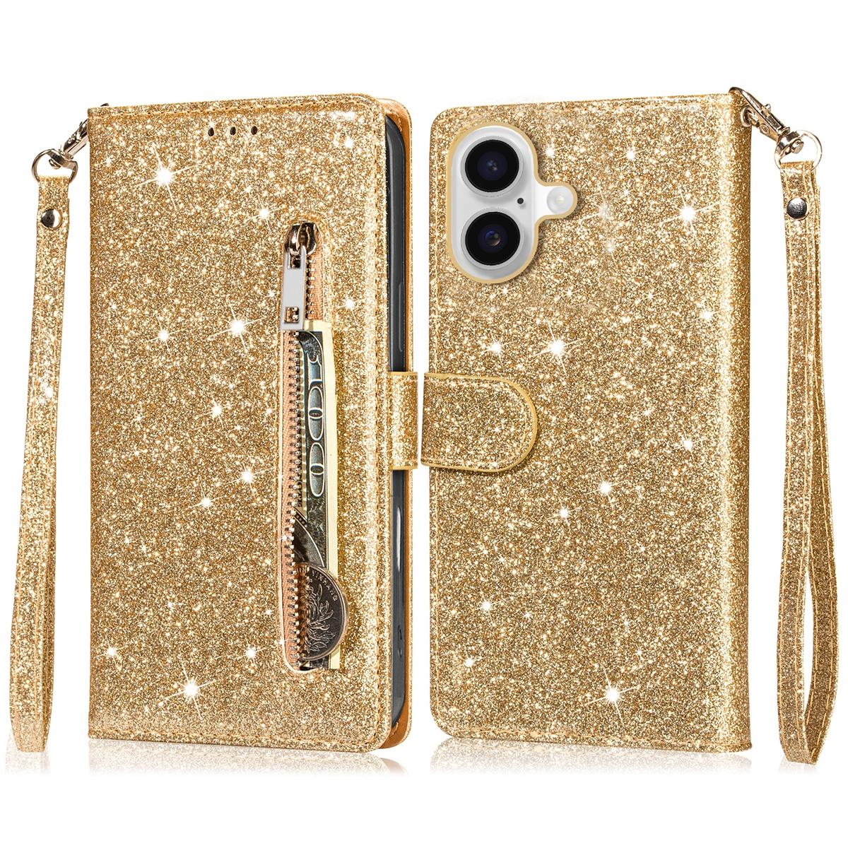 

Чехол-подставка для iPhone 16 с блестками, кожаный чехол для телефона с карманом на молнии Gold