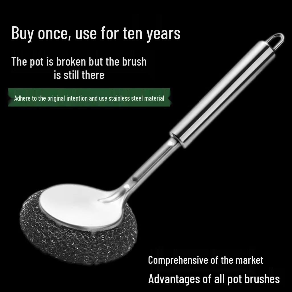 Long Handle Stainless Steel Pot Brush with Non-Shedding Steel Wool