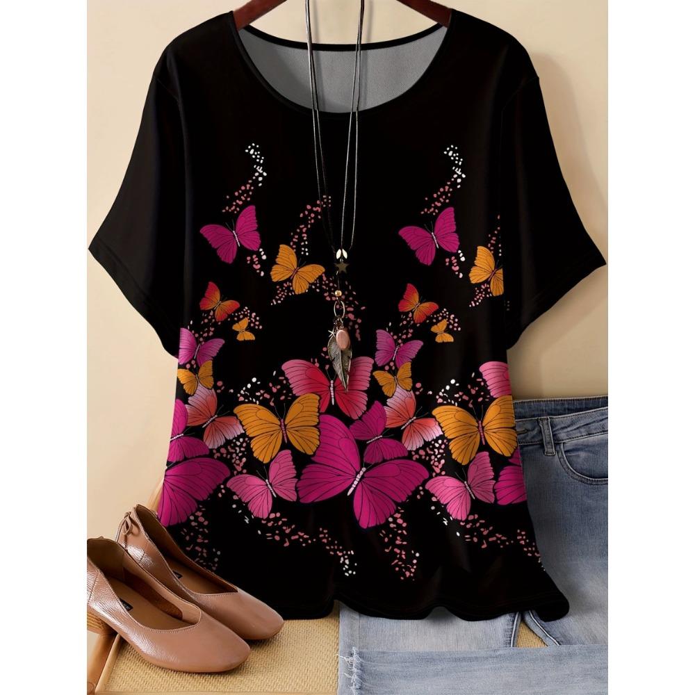 XL-7XL Übergröße Damen T-Shirts Damen O-Ausschnitt Mode 3D Floral Farbbedrucktes Oberteil Kurzarm T-shirt