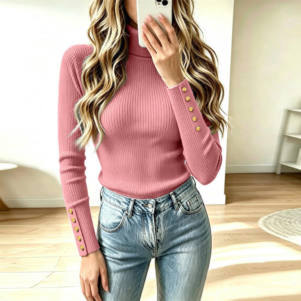Women's High Neck Pullover Knit Sweater with Decorative Buttons - Casual Winter Fashion Top