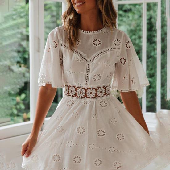 Women Summer Dress Backless Hollow Out Flower Applique   A Line Loose Hem Pleated Cutout Waist Half Sleeve Patchwork Lady Dating Prom Mini Dress