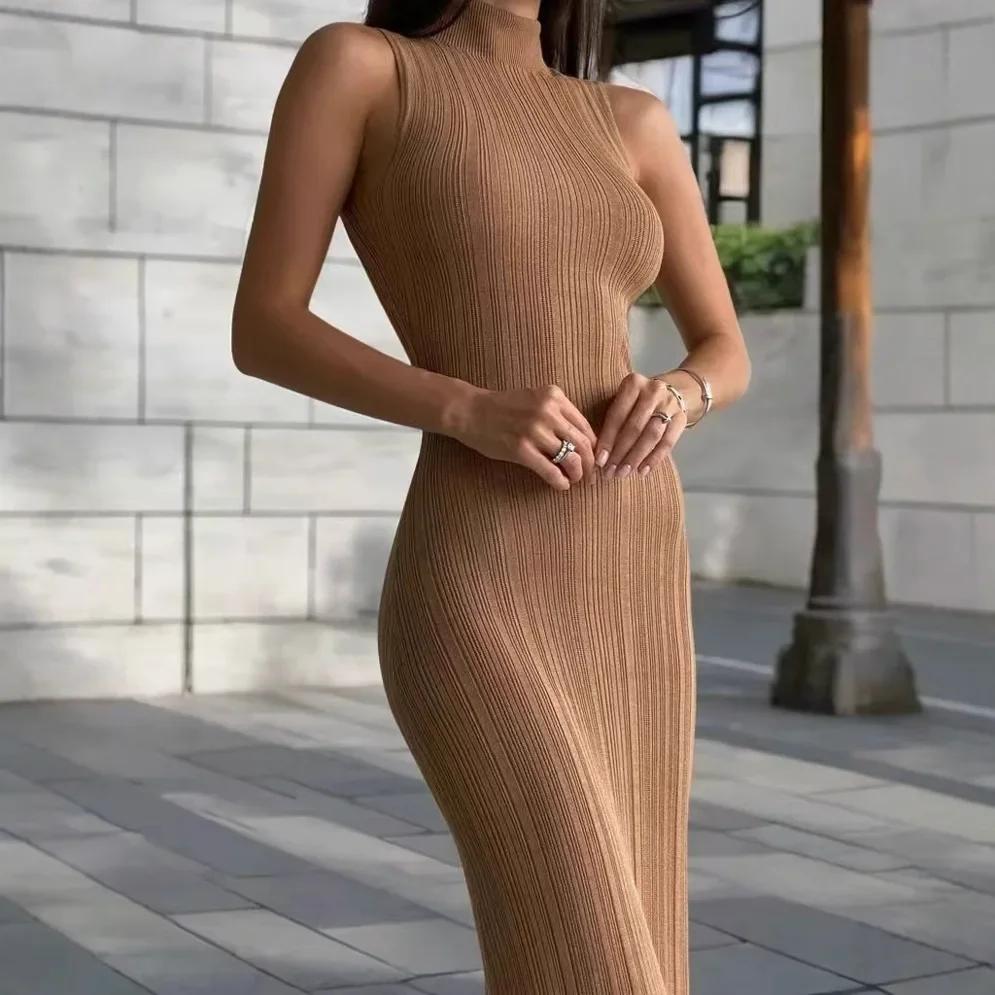 Rochie Midi Tricotată Stil Francez cu Guler Înalt Fără Mâneci Slim Fit Elegantă Primăvară Vară Noutate Rochie Modă Femei