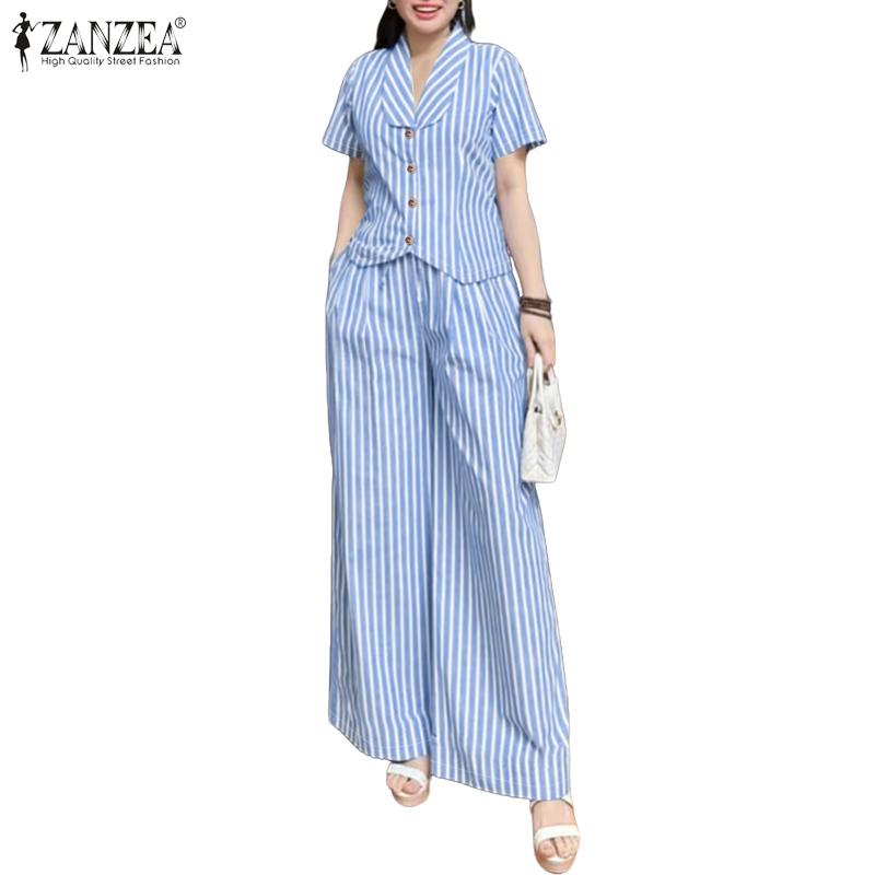

ZANZEA Women Short Sleeve Blouse and Pants Summer Stripe Print Two Piece Sets M синій