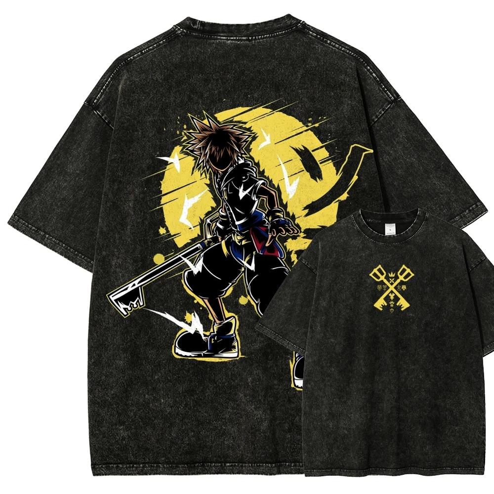 Kingdom Hearts Spłowiony T-shirt Ubrania na Cały Rok Osobiste Ubrania Duże Rozmiary Unisex Nowy Model Dla Par Y2k Krótki Rękaw Miękki