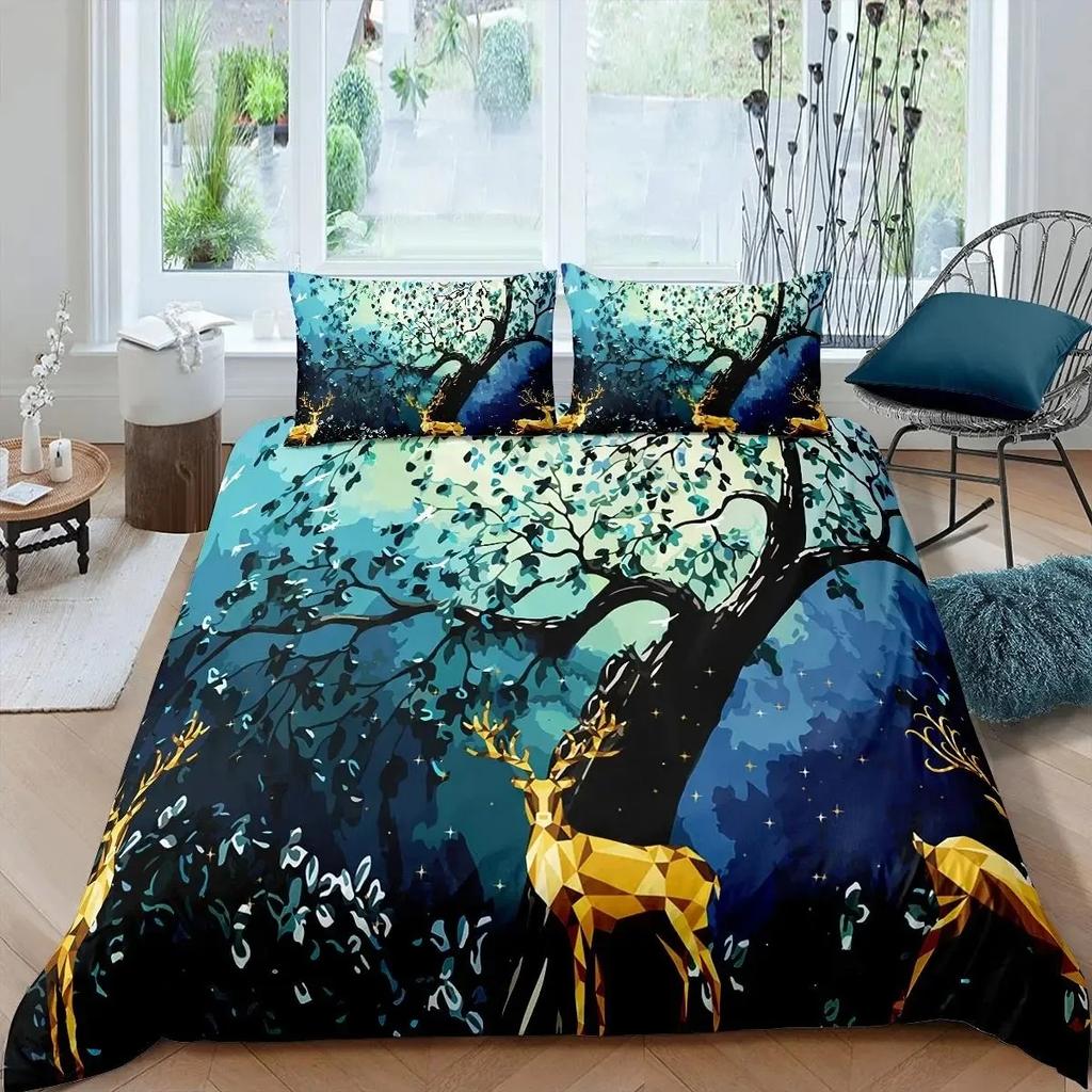 Gold Christmas Duvet Cover Set Gold Elk Xmas Printed Cartoon Christmas Festival Bedding Sets Full Queen Size with Pillowcase