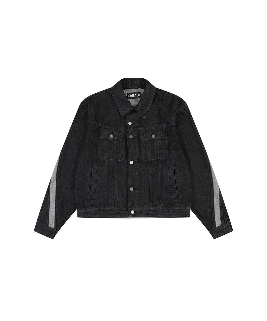 Lab101 Semi-Overfit Curve Line Color Block Denim Jacket (Black)