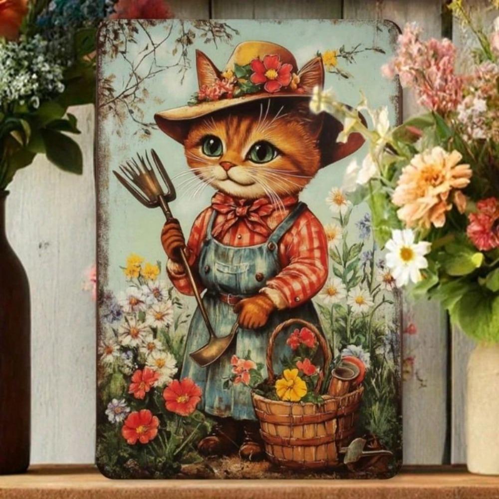 Cottage Style Metal Wall Art Cat with Flower Basket Home Decor