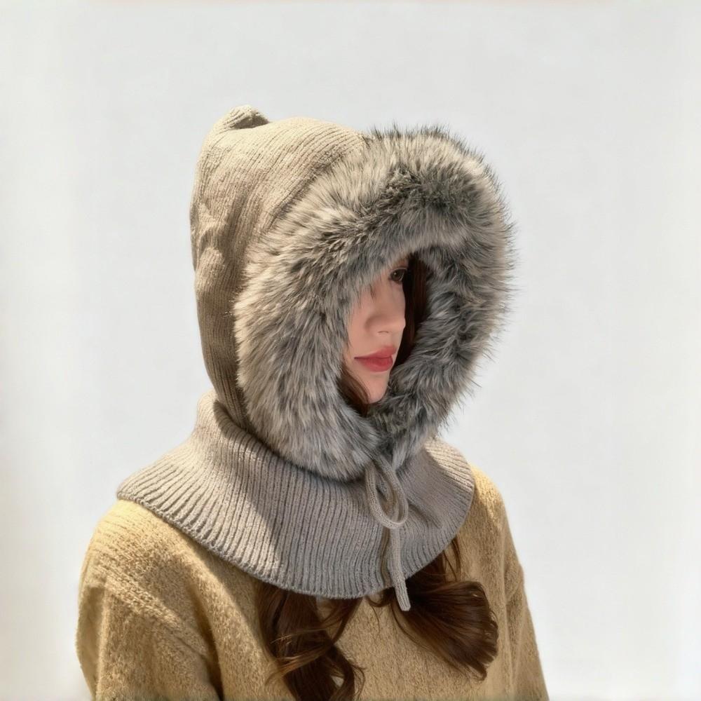 

Casual One-Piece Winter Balaclava Hats Ear Protection Windproof Knitted Hooded Caps Solid Color Thicken Pullover Hat серый