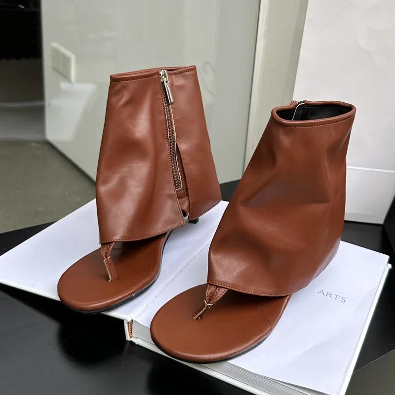 Eilyken New Design Round Clip Toe Low Heels Woman Boot Sandals Fashion Zipper Banquet Dress Shoes Flip Flops Ankle Booties