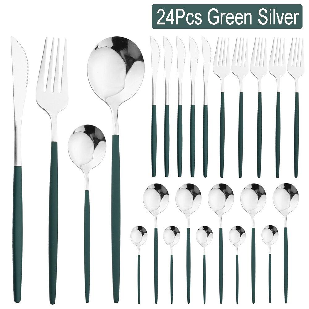 24Pcs Tableware Set Stainless Steel Dinnerware Knife Fork Spoon Dinner Flatware Kitchen Colorful Elegant Black Gold Cutlery Set