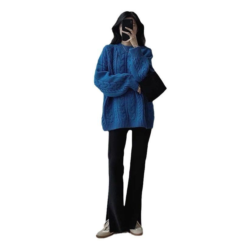 Autumn and winter new lazy wind twist thickened knitted sweater blue medium and long large size loose pullover sweater women