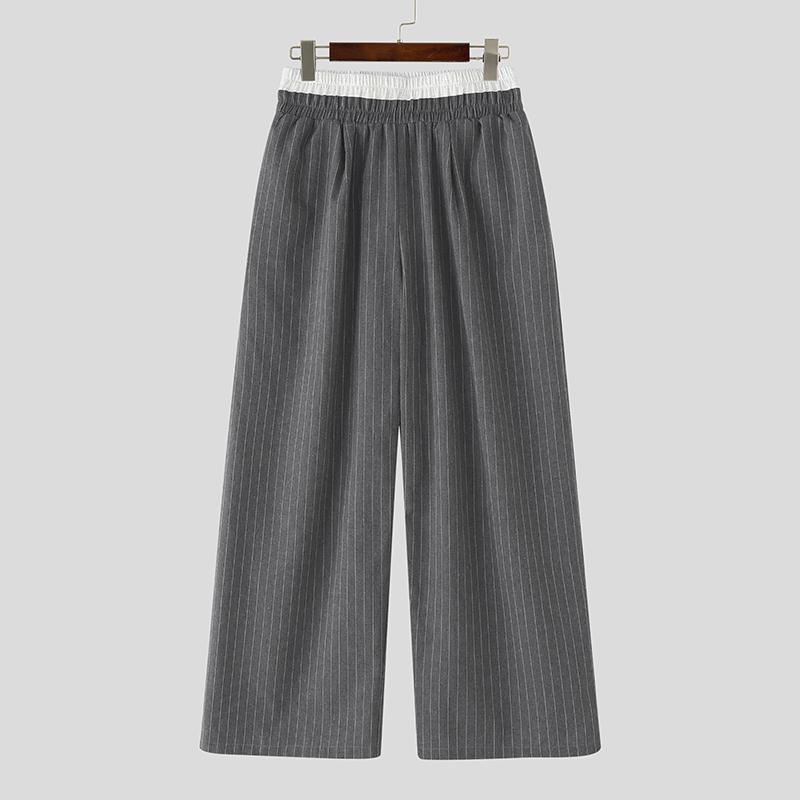 

INCERUN Men Stitching Elastic Waist Striped Casual Long Wide Legs Pants Home Wear 3XL