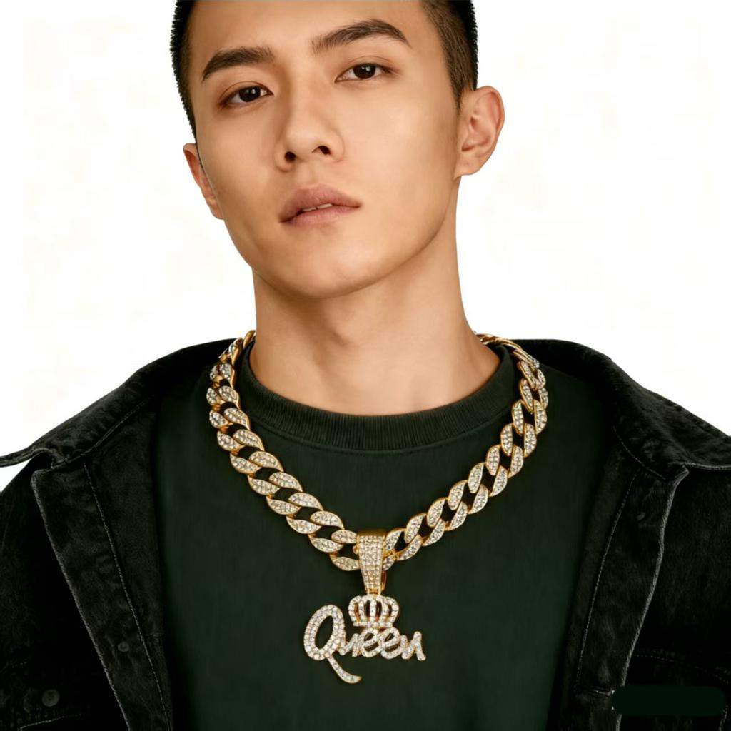 Hip Hop Zinc Alloy Crown Queen Letter Full Diamond Pendant Temperament Personality Necklace Jewelry