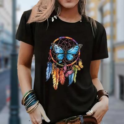 Women Summer T Shirt  Print Trees and Butterflies Short Sleeve Tees Casual   Printed  Tops