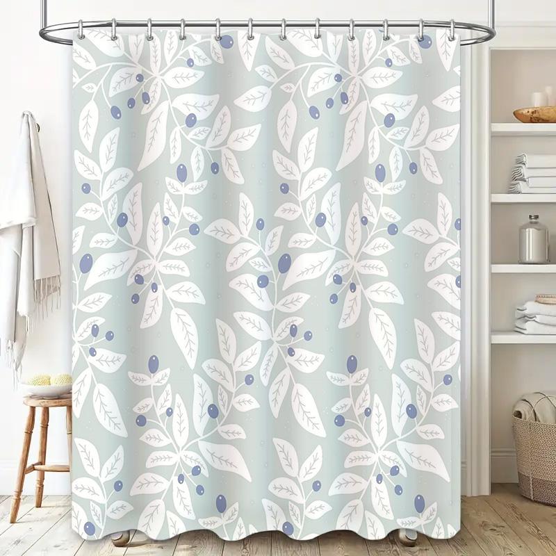 White Floral Shower Curtain With Blue Berries Bathroom Decor Waterproof Fabric Removable For Home Decoration Light Green Small S