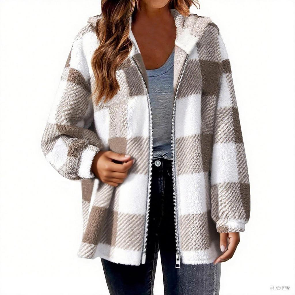 Women's Plaid Zipper Loose Plush Casual Jacket