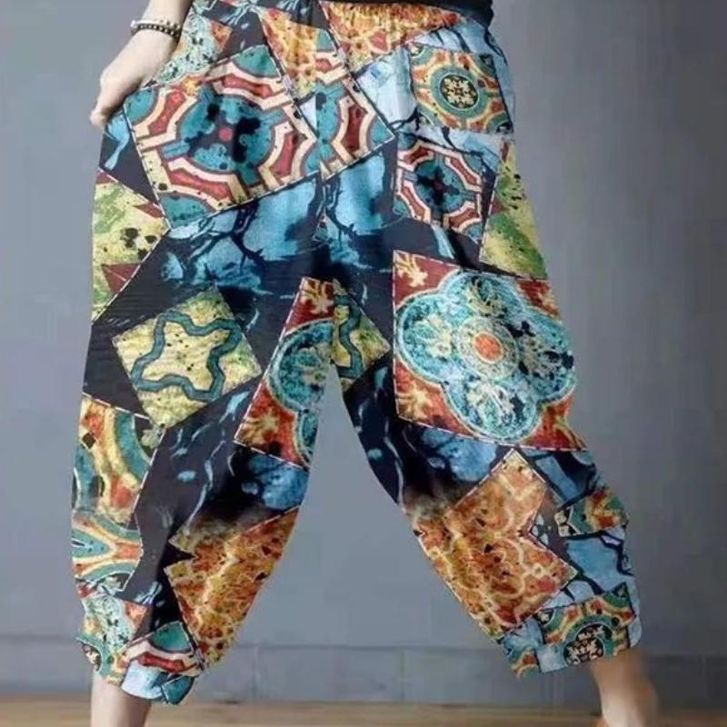 Retro Artistic Printed Cotton and Linen Lantern Pants for Women In Summer Elastic Waist Loose Flower Bud Pants Casual Cropped Pants