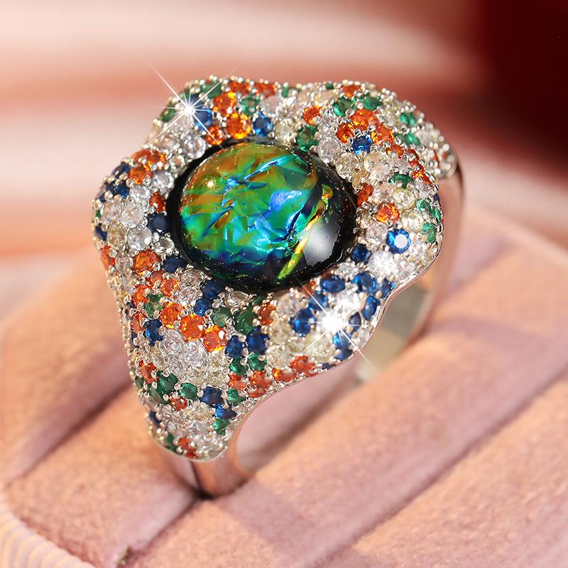 Exquisite Inlaid Multicolored CZ Women's Ring Trendy CopperColor Geometry Daily Wear Party Jewelry Anniversary Gift