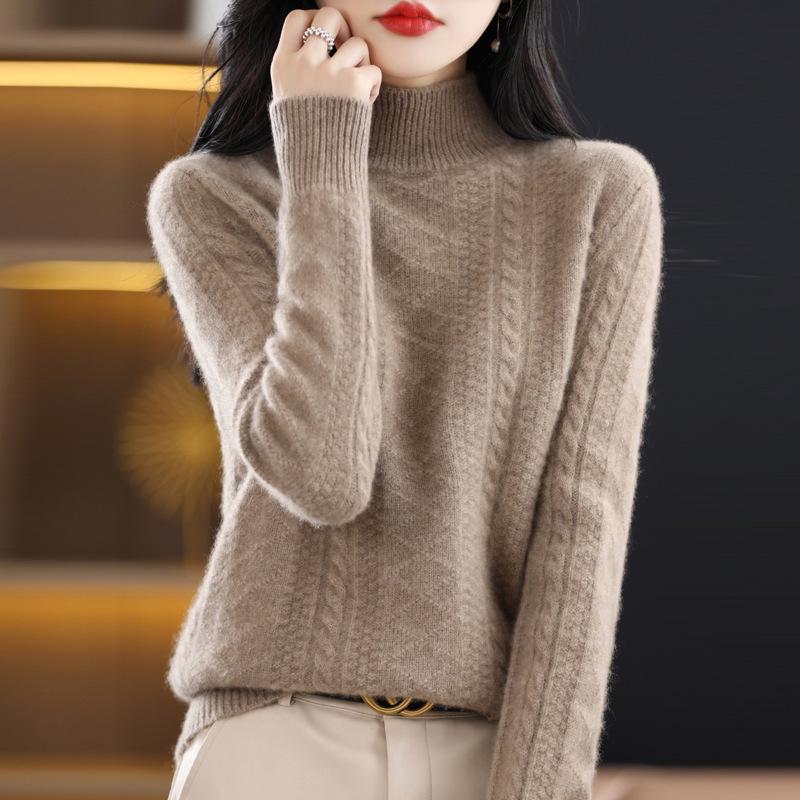 

Женский пуловер крупной вязки - Шерстяной топ с полувысоким воротником для осени и зимы Large