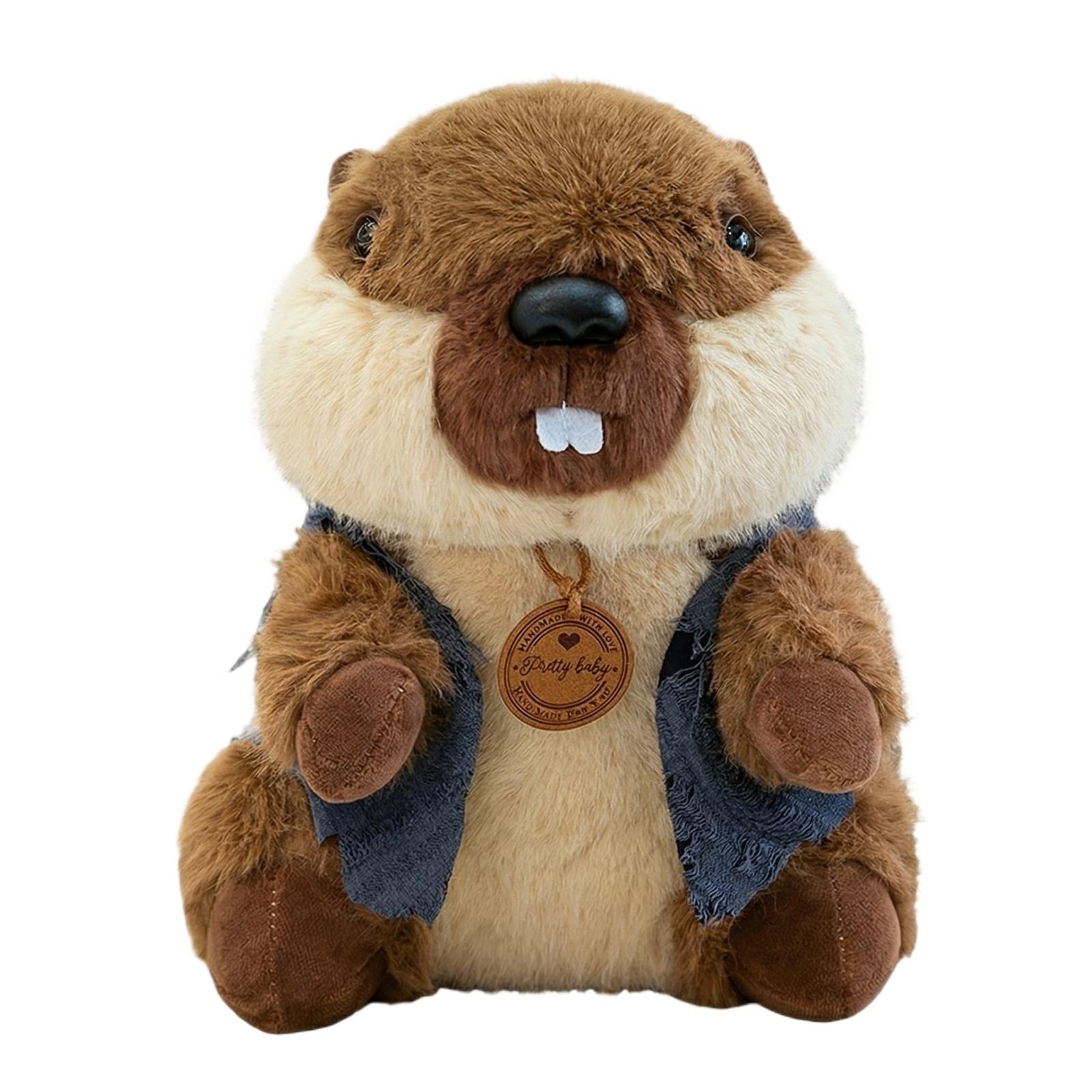 

Realistic Groundhog Plush Toy Stuffed Animal with Soft Fur and Detailed Features Wearing Fabric Vest for Kids and Collectors One Size