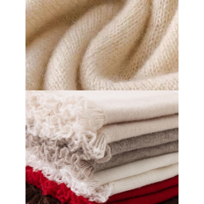 100% Wool Rectangular Shawl Tassel Ruffle Solid Color Enlarged Knitted Scarf Women'S Outdoor Cold Proof Straight Coat Cardigan