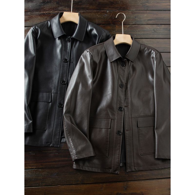 Classic Reputation! Lychee-Patterned Faux Leather! Export Surplus Men's Autumn Business Lapel Jacket Leather Coat