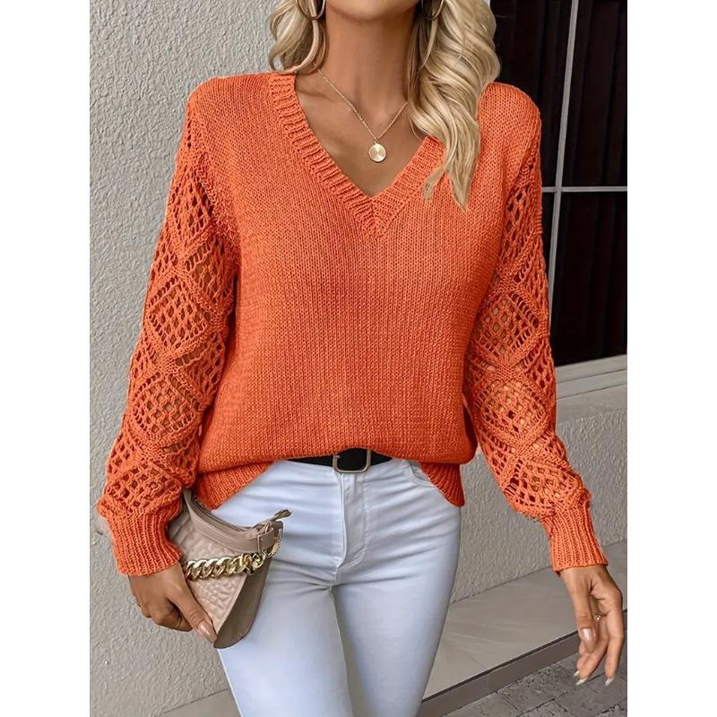 Sweater for Women Winter V Neck Hollow Pullover Warm Knitted Stretchy Long Sleeve Oversize Jumper Sweater Tops