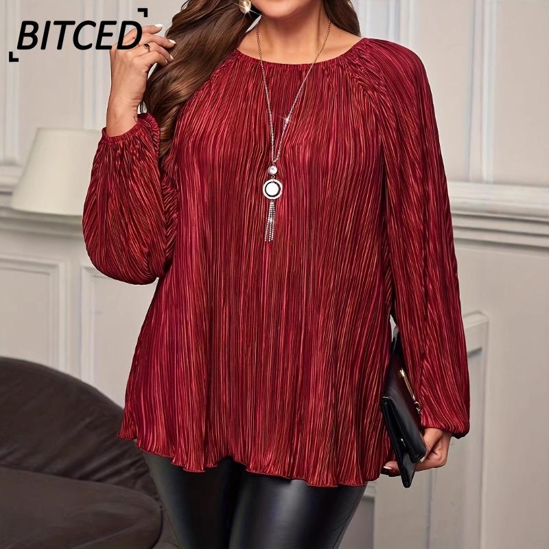 BITCED Women's Fashion Casual Solid Color Print O-Neck Long Sleeve Blouses & Shirts