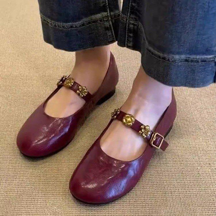 Really Soft Leather~ Versatile Flat-bottomed French Single Shoes for Women 2025 New Red with Skirt Mary Jane Small Leather Shoes for Women