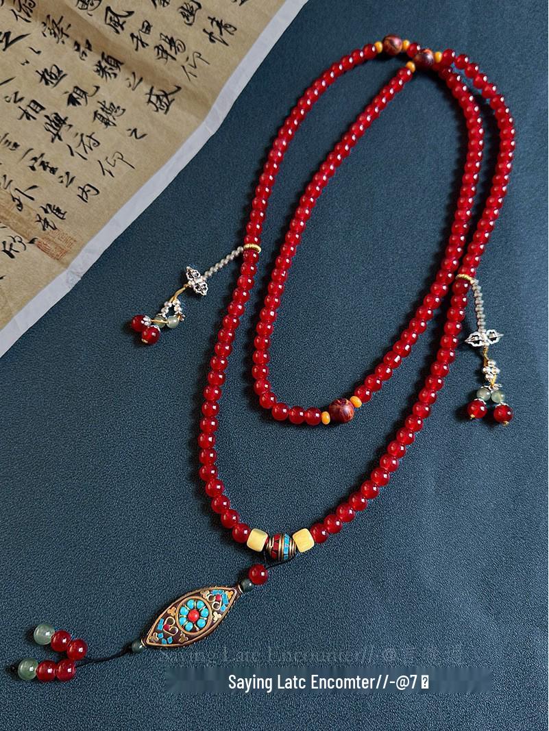 

Намисто з 108 зелених намистин з китицею - Довгий аксесуар-ланцюжок для светра в китайському стилі