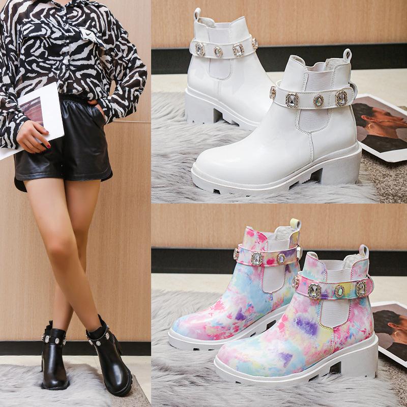 European and American Rhinestone Thick Heel Martin Boots New Large Size Color Printed Short Boots