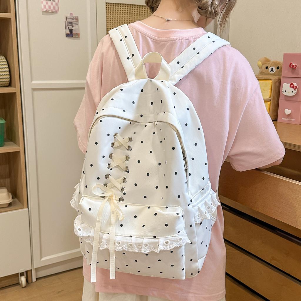 Kawaii Rosa Gepunkteter Spitzenrüschen-Rucksack für Mädchen Japanischer JK-Stil Kreuzschnürung Schultasche für Grund- und Mittelschüler Niedliche Reisetasche