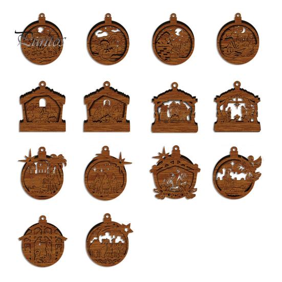 Warm Light Christmas Tree Ornaments 3D Wooden Up Ornament, Layered House Snowman Rustic Holiday Decorations Nativity Scene Hanging Decoration for Xmas