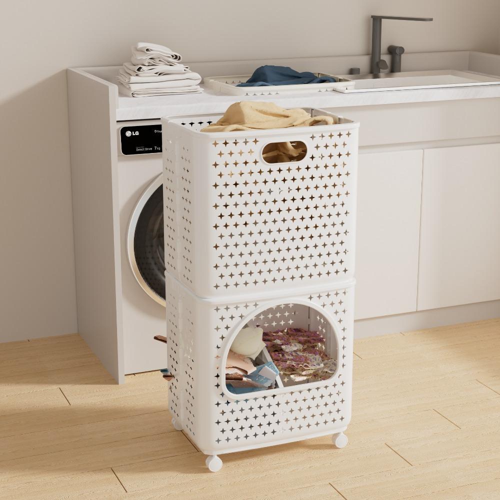 

Portable Foldable Laundry Hamper with Wheels Dirty Clothes Basket Home Use White-2Layer