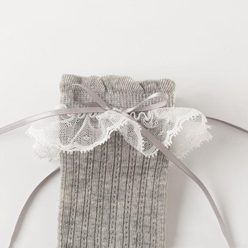 Children Sweet Bow Lace Socks Summer Thin Breathable Mesh Mid-calf Socks For Girls Fashion Ballet Style Solid Kids Calf Socks