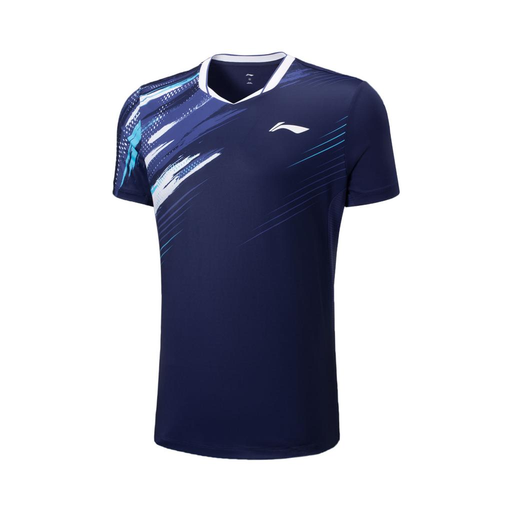 Li-Ning Badminton Series Printed V-Neck Comfortable Breathable Versatile Casual Short Sleeve Badminton Shirt Unisex tops Deep-Purple Blue AAYV025-1