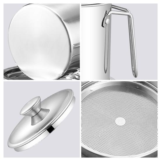 Edelstahl Ölfilterbehälter mit Feinmaschen-Sieb 1,4/1,8L Große Kapazität Küchenölkrug zum Frittieren Kochen Rostbeständig Hitzebeständig Ölkanne